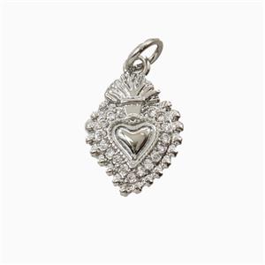 Copper Sacred Heart Pendant Pave Zirconia Platinum Plated, approx 11-14mm