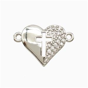 Copper Heart Connector Pave Zirconia Cross Platinum Plated, approx 15mm