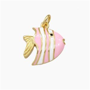 Copper Fish Pendant Pink White Enamel Gold Plated, approx 14-15mm