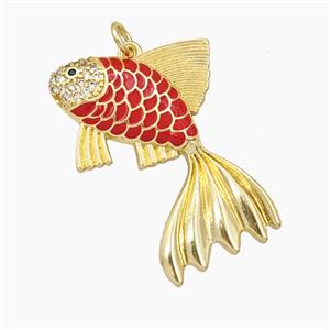 Copper Fish Pendant Pave Zirconia Red Enamel Gold Plated, approx 30mm