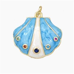 Copper Scallop Shell Pendant Pave Zirconia Blue Enamel Gold Plated, approx 18-22mm