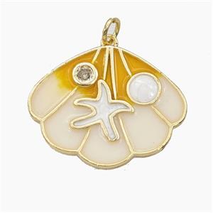 Copper Scallop Shell Pendant Pave Zirconia Starfish White Enamel Gold Plated, approx 20-25mm