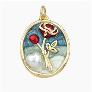 Copper Flower Pendant Pave Resin Enamel Oval Gold Plated, approx 18-21mm