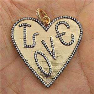 Copper Heart Pendant Pave Zirconia LOVE Gold Plated, approx 40mm