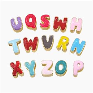 Copper Alphabet Beads Enamel Flat Hole Gold Plated Mixed Letters, approx 9-14mm, 3-11mm hole