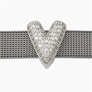Copper Letter-V Beads Pave Zirconia Flat Hole Platinum Plated, approx 13.5-16mm, 3-11mm hole