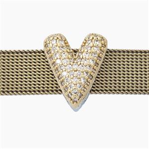Copper Letter-V Beads Pave Zirconia Flat Hole Gold Plated, approx 13.5-16mm, 3-11mm hole