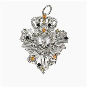 Copper Crown Heart Pendant Pave Zirconia Platinum Plated, approx 20-25mm