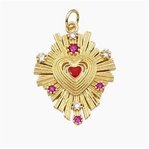 Copper Heart Pendant Pave Zirconia Ribbed Gold Plated, approx 19-23mm