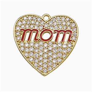 Copper Heart Pendant Pave Zirconia Mom Red Enamel Gold Plated, approx 21mm