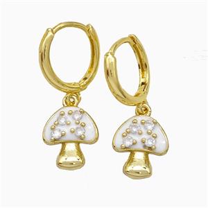Copper Mushroom Hoop Earrings Pave Zirconia White Enamel Gold Plated, approx 11-13mm, 14mm dia