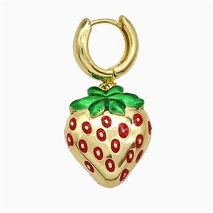 Copper Strawberry Hoop Earrings Red Enamel Gold Plated, approx 20-22mm, 15mm dia