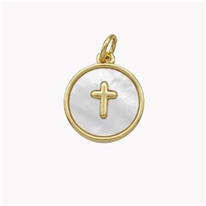 Copper Cross Pendant Pave Shell Circle Gold Plated, approx 13mm