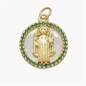 Copper Saint Jude Pendant Pave Shell Zirconia Circle 18K Gold Plated, approx 17mm