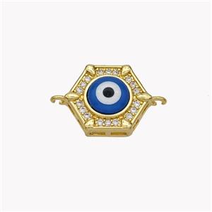 Copper Hexagon Connector Pave Shell Zirconia Evil Eye 18K Gold Plated, approx 12mm