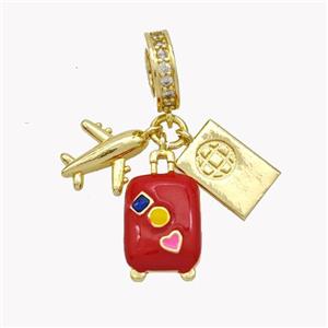 Airplanet and Travel-box Pendant Red Enamel Gold Plated, approx 11mm, 10-14mm, 10mm dia