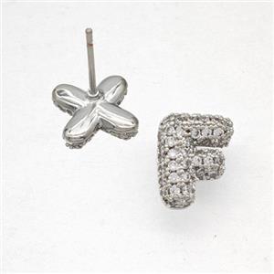 Copper Stud Earrings Pave Zirconia Letter-F Platinum Plated, approx 8-10mm