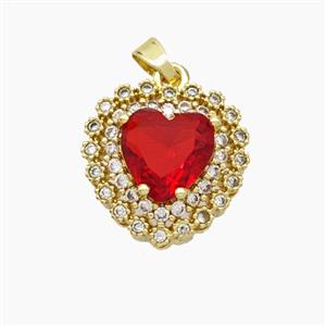 Copper Heart Pendant Micropave Zirconia Red Crystal Glass Gold Plated, approx 14mm