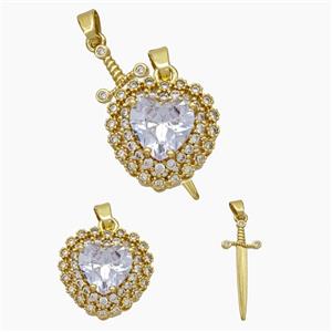 Copper Sword Heart Pendant Pave Zirconia Crystal Glass Gold Plated, approx 14mm, 10-28mm