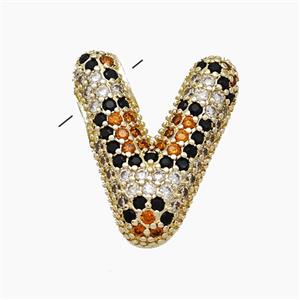 Copper Letter-V Pendant Micropave Zirconia Gold Plated, approx 16-23mm, 3-5mm hole