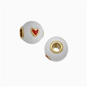 Copper Round Beads White Enamel Heart Large Hole Gold Plated, approx 8mm, 2.5mm hole