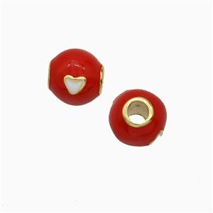 Copper Round Beads Red Enamel Heart Large Hole Gold Plated, approx 8mm, 2.5mm hole