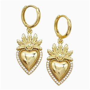 Copper Heart Hoop Earrings Pave Zirconia Leaf Gold Plated, approx 16-25mm, 14mm dia