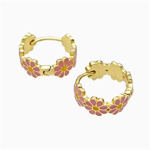 Copper Flower Hoop Earrings Pink Enamel Gold Plated, approx 6mm, 17mm dia