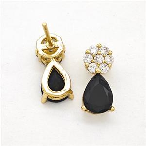 Copper Flower Stud Earrings Pave Zirconia Black Crystal Glass Teardrop Gold Plated, approx 6-14mm