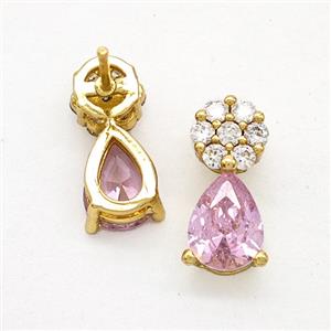 Copper Flower Stud Earrings Pave Zirconia Pink Crystal Glass Teardrop Gold Plated, approx 6-14mm