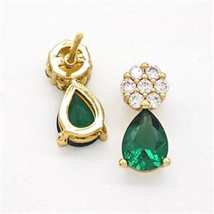 Copper Flower Stud Earrings Pave Zirconia Green Crystal Glass Teardrop Gold Plated, approx 6-14mm