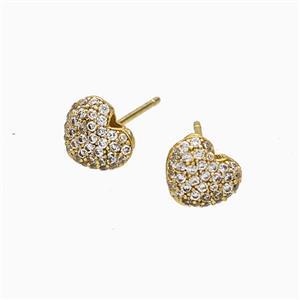 Copper Heart Stud Earrings Micropave Zirconia Gold Plated, approx 9mm