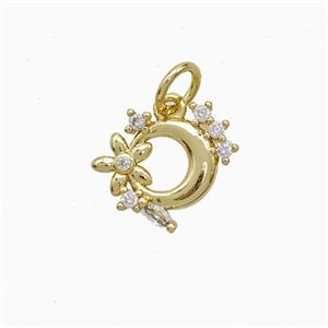 Copper Moon Flower Pendant Pave Zirconia Gold Plated, approx 12-13mm