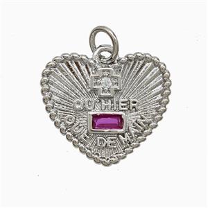 Copper Heart Pendant Pave Zirconia French Love Cross Platinum Plated, approx 14-17mm