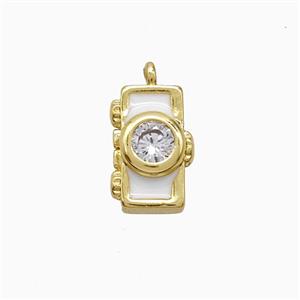 Copper Camera Pendant Pave Zirconia White Enamel Gold Plated, approx 8-13mm