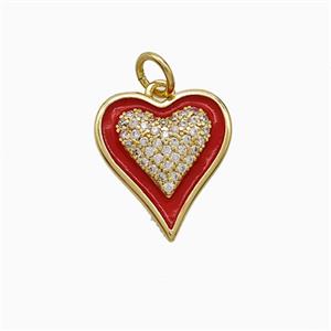 Copper Heart Pendant Pave Zirconia Red Enamel Gold Plated, approx 14-15mm