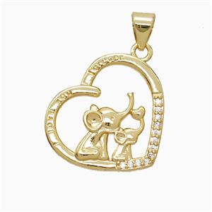 Copper Heart Elephant Pendant Pave Zirconia 18K Gold Plated, approx 19mm