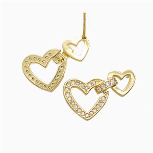 Copper Heart Stud Earrings Pave Zirconia 18K Gold Plated, approx 8mm, 12mm