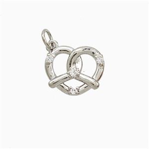 Copper Pretzel Heart Pendant Pave Zirconia Platinum Plated, approx 12-14mm