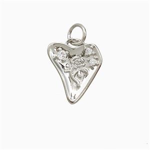 Copper Heart Flower Pendant Pave Zirconia Platinum Plated, approx 12mm
