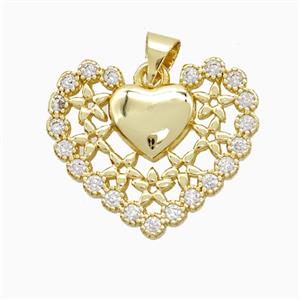 Copper Heart Pendant Pave Zirconia Gold Plated, approx 20-22mm