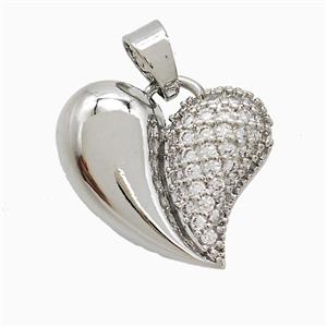 Copper Heart Pendant Pave Zirconia Platinum Plated, approx 18-21mm