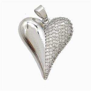 Copper Heart Pendant Pave Zirconia Platinum Plated, approx 25-28mm