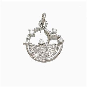 Copper Shark-Tail Pendant Pave Zirconia Ocean Platinum Plated, approx 15mm