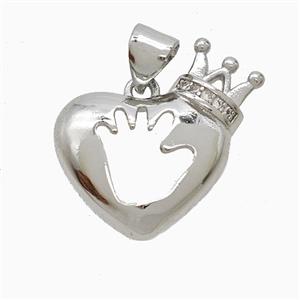 Copper Heart Crown Pendant Pave Zirconia Hand Platinum Plated, approx 18mm