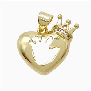Copper Heart Crown Pendant Pave Zirconia Hand Gold Plated, approx 18mm