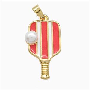 Copper Pickleball Paddle Pendant Pave Resin Red Enamel Sports Gold Plated, approx 13-22mm