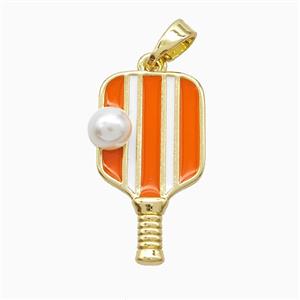 Copper Pickleball Paddle Pendant Pave Resin Orange Enamel Sports Gold Plated, approx 13-22mm