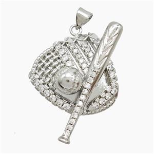 Baseball Bat Gloves Charms Copper Pendant Pave Zirconia Platinum Plated, approx 25-30mm