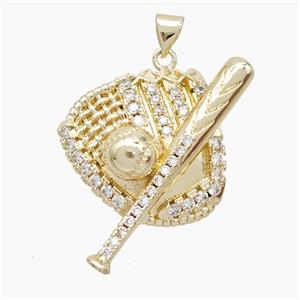 Baseball Bat Gloves Charms Copper Pendant Pave Zirconia Gold Plated, approx 25-30mm